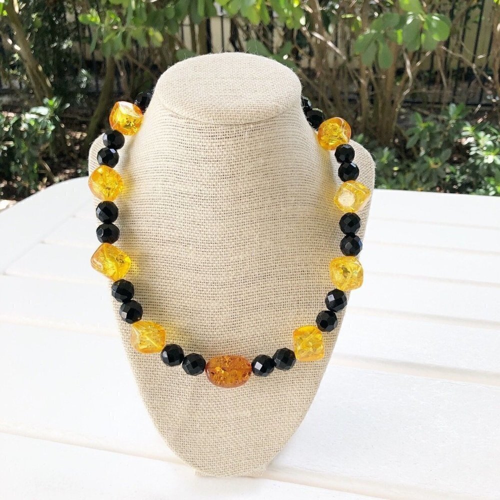 NWT Genuine Amber & Black Czech Crystal Beads Beaded Necklace Orange Black